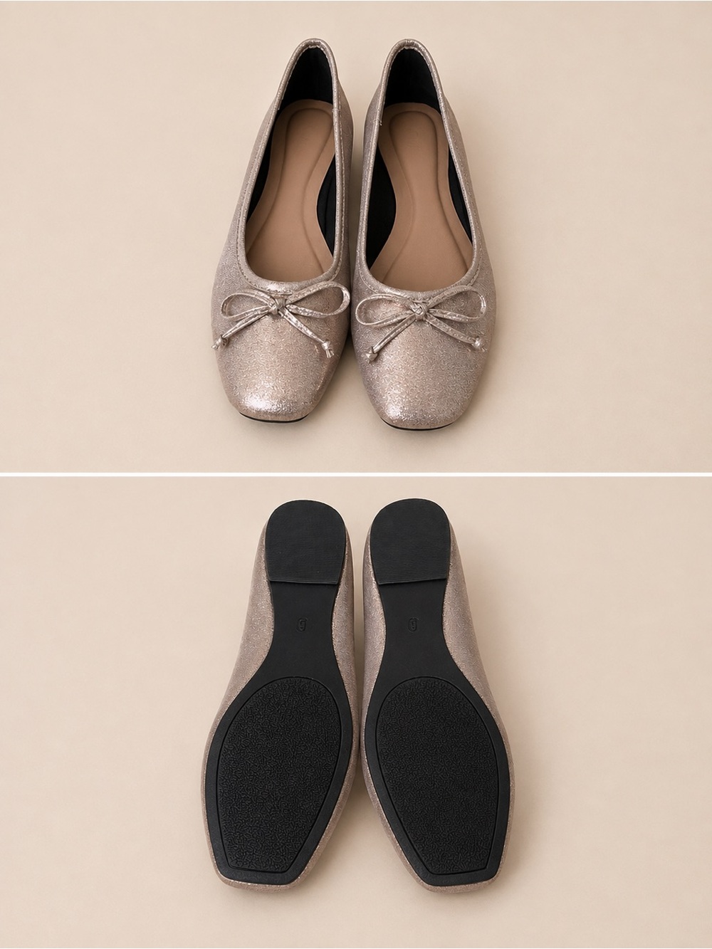 Metallic Taupe Ballet Flats with Bow - Women's Comfort Slip-Ons